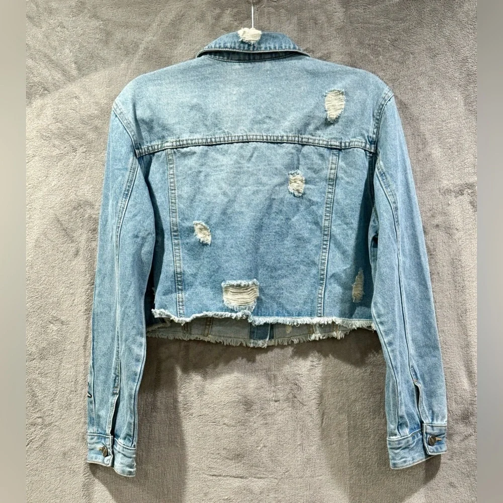 Kancan Stars Distressed Cropped Denim Jacket Women’s Size Large NWOT